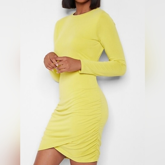 Express Dresses & Skirts - Express Chartreuse Scoop Neck Bodycon Dress Rusched Sides